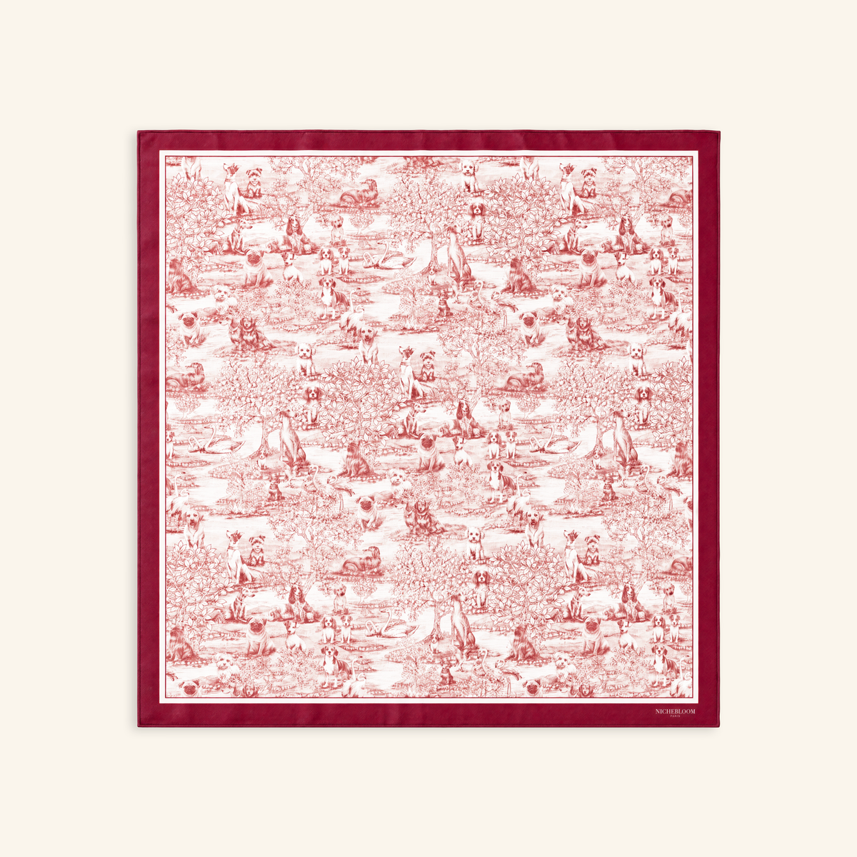 Bonnie silk bandana laid flat, red toile de Jouy