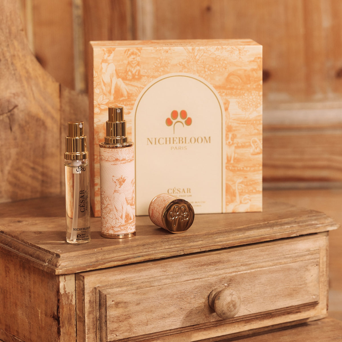 Coffret Nomade César et son étui sur une commode en bois