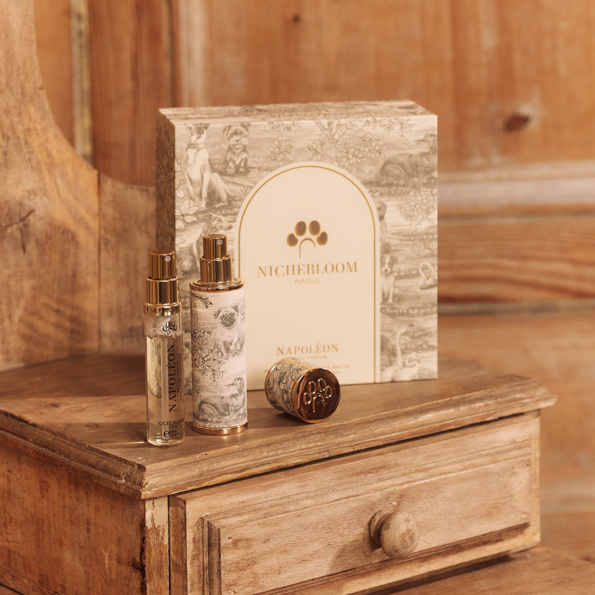 Coffret Nomade Napoléon et son étui sur une commode en bois