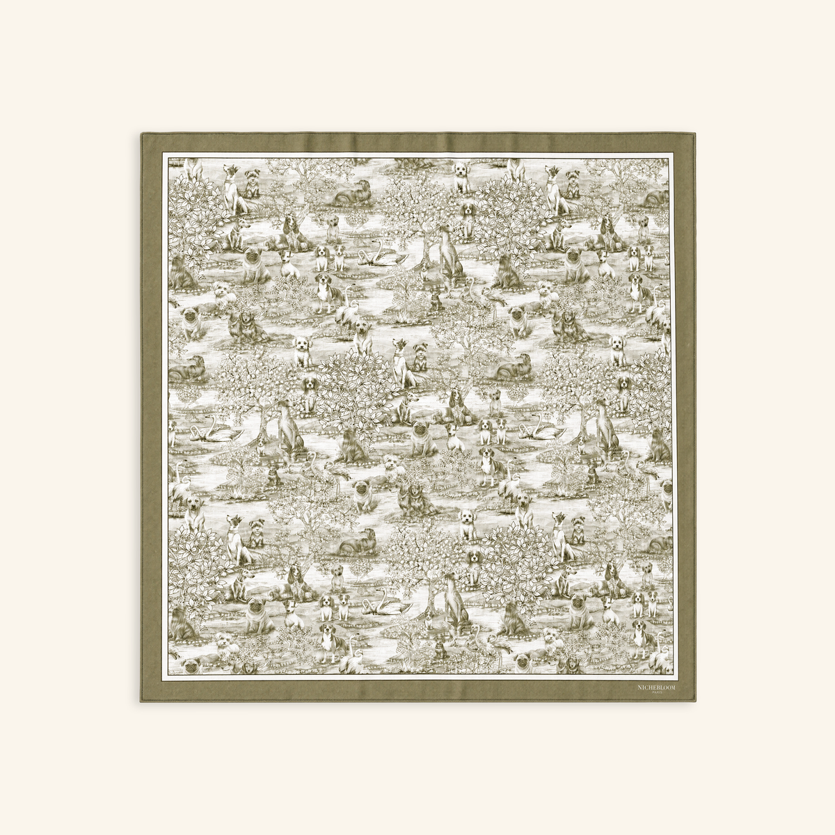 Rosalie silk bandana laid flat, gold toile de Jouy#Couleur_Or