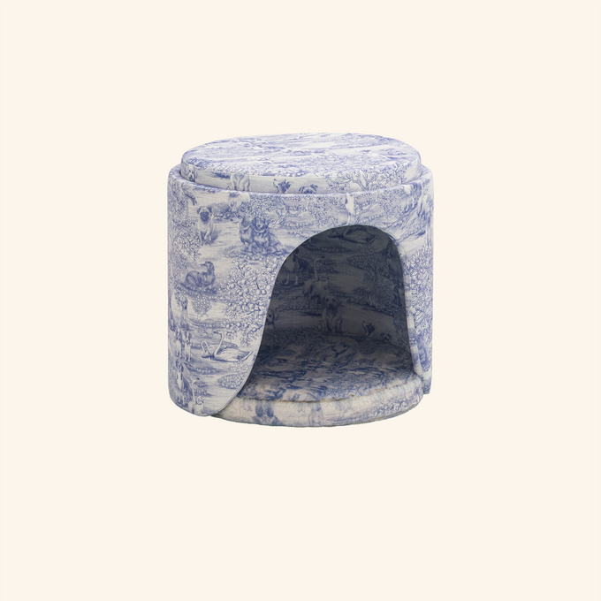 Pouf niche Clyde sans coussin, toile de Jouy bleue