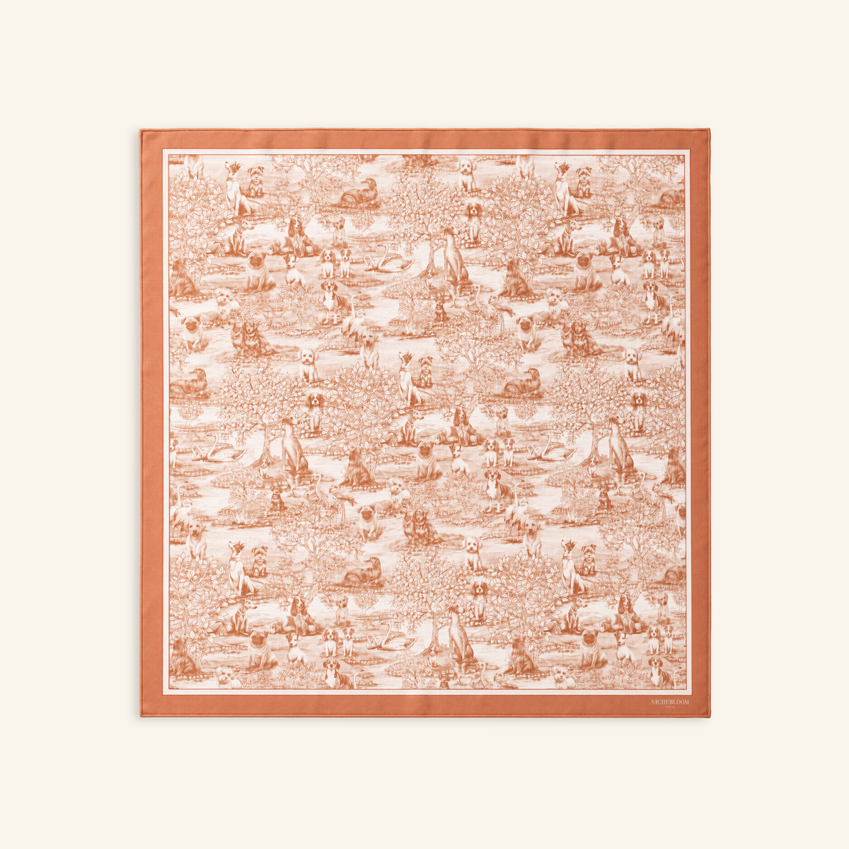 Bandana de seda César extendido, toile de Jouy naranja