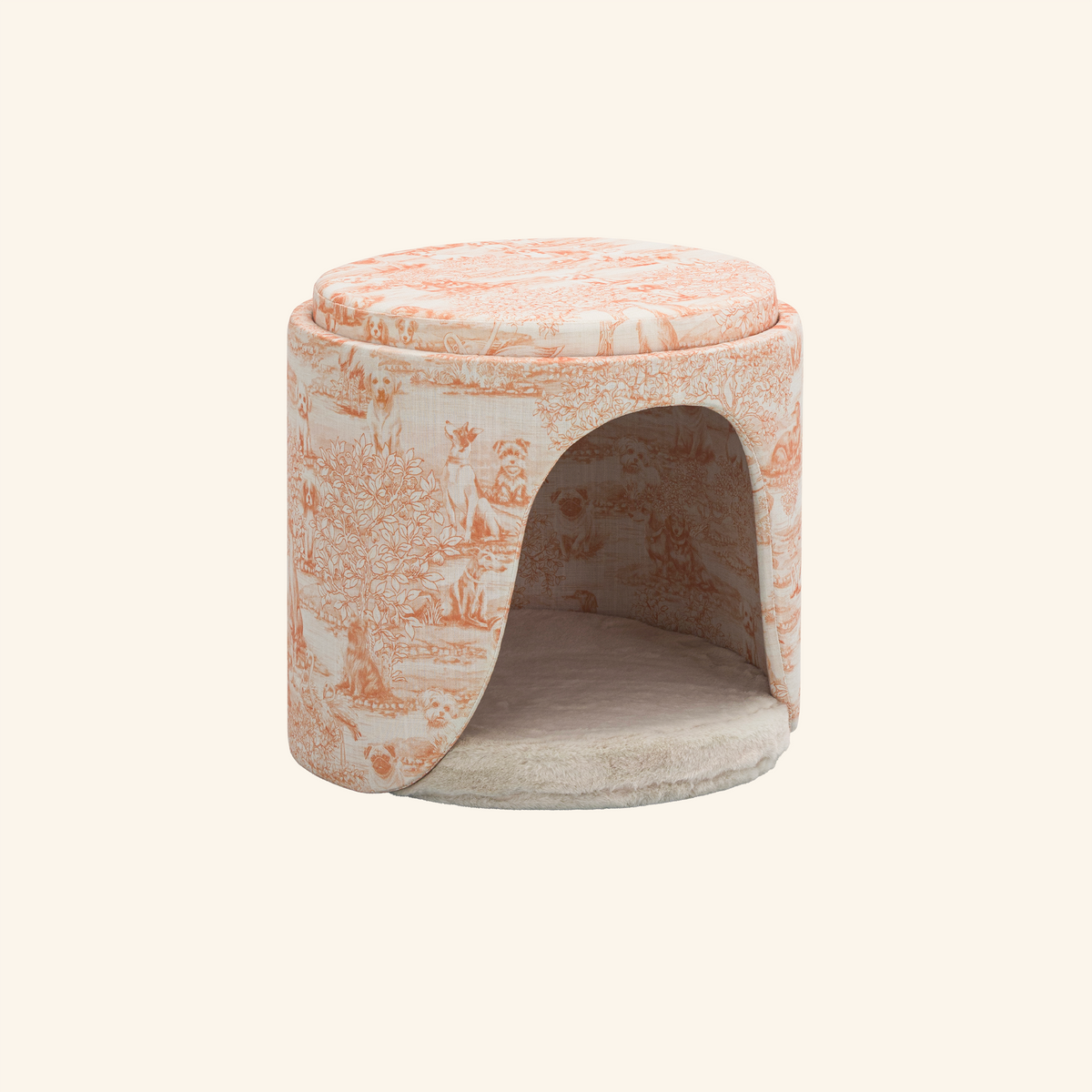 Pouf niche César avec coussin, toile de Jouy orange#Couleur_Orange