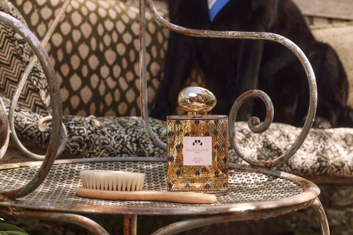 Brosse Nichebloom au repos à côté du flacon, le temps que les fibres captent le parfum
