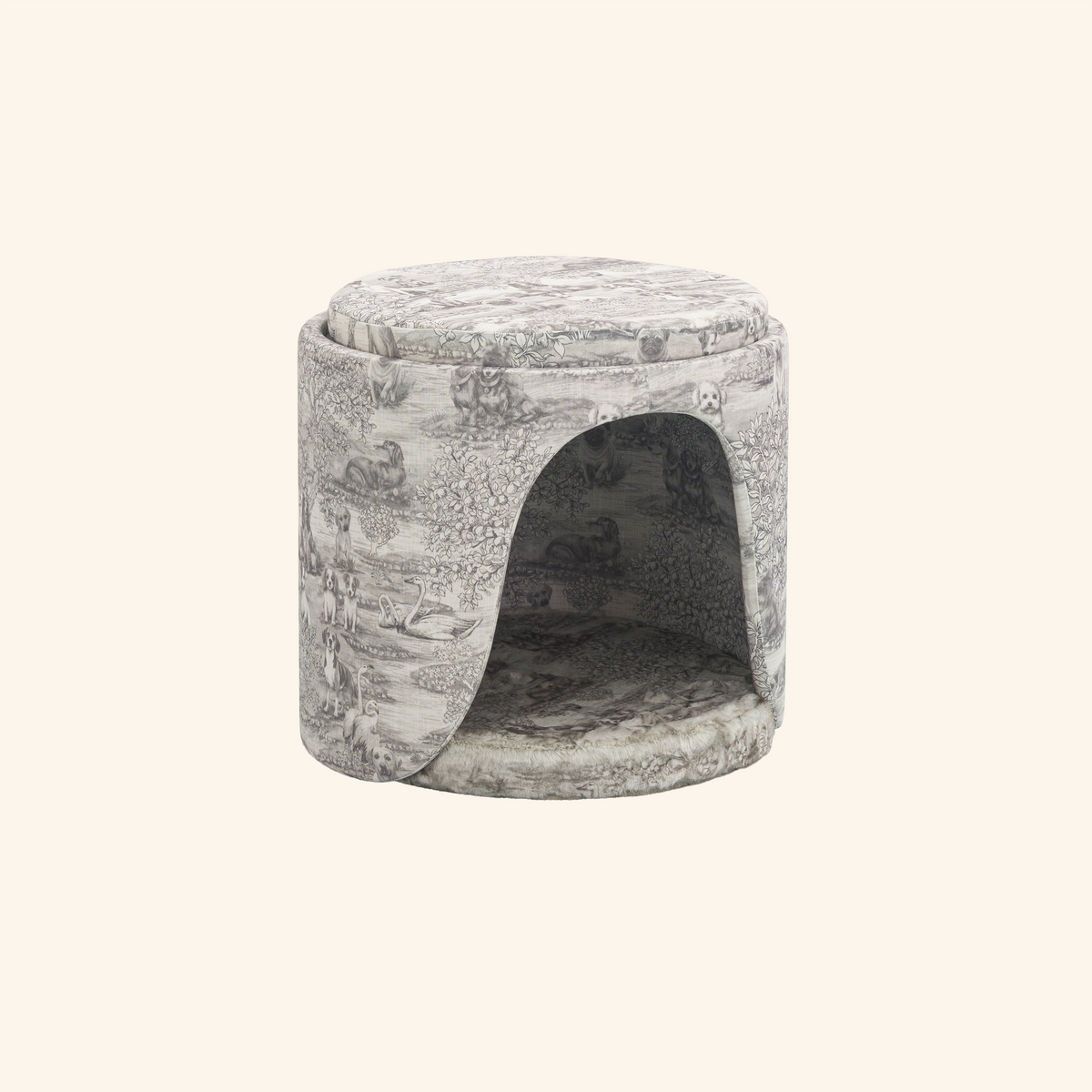 Pouf niche Napoléon avec coussin, toile de Jouy grise